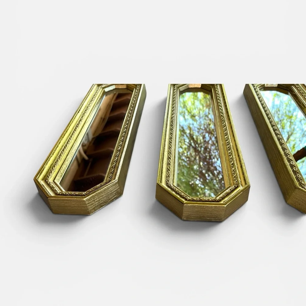Set of 3 Vintage Ornate Gold Wall Mirrors: Hollywood Regency MCM 17" x 5" x 1" - Picture 8 of 9